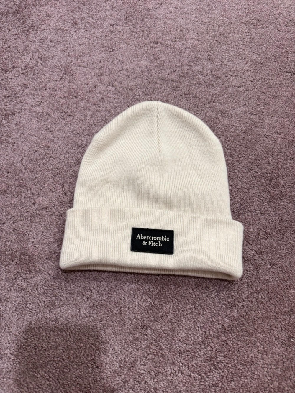 Abercrombie & Fitch Cream Knit Cuffed Beanie with Black Logo Patch